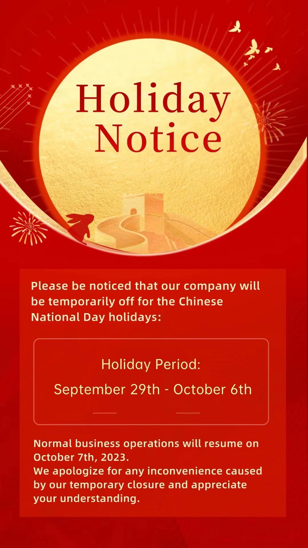 Annonce de vacances pour la fête nationale de la Chine en 2023
